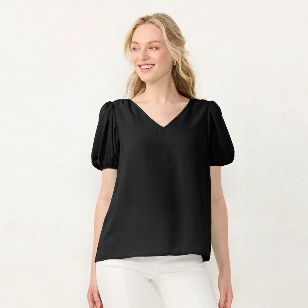 LC Lauren Conrad Petite M Black Short Blouse Flowy Sleeve Woven Tee Women's NWT